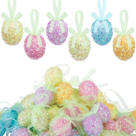 StaticPoster; 48 Pcs Easter Glitter Hanging Eggs, Shiny Tinsel Easter Egg Ornaments, Spring Foam Egg Hanging Decoration for Home Holiday Party Celebrations Tree Wall DIY Craft Decoration (1.3'' x 1.6''); Category:Easter Decorations; Image:1